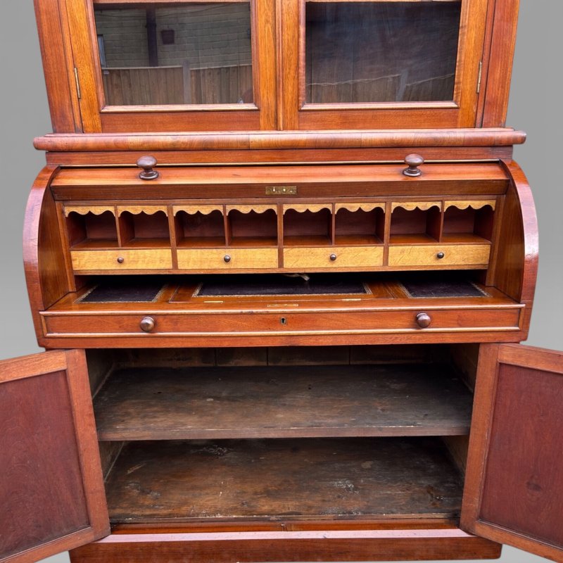 Antique Victorian Walnut Cylinder Bureau Bookcase With Writing Desk & Cupboard - Image 9